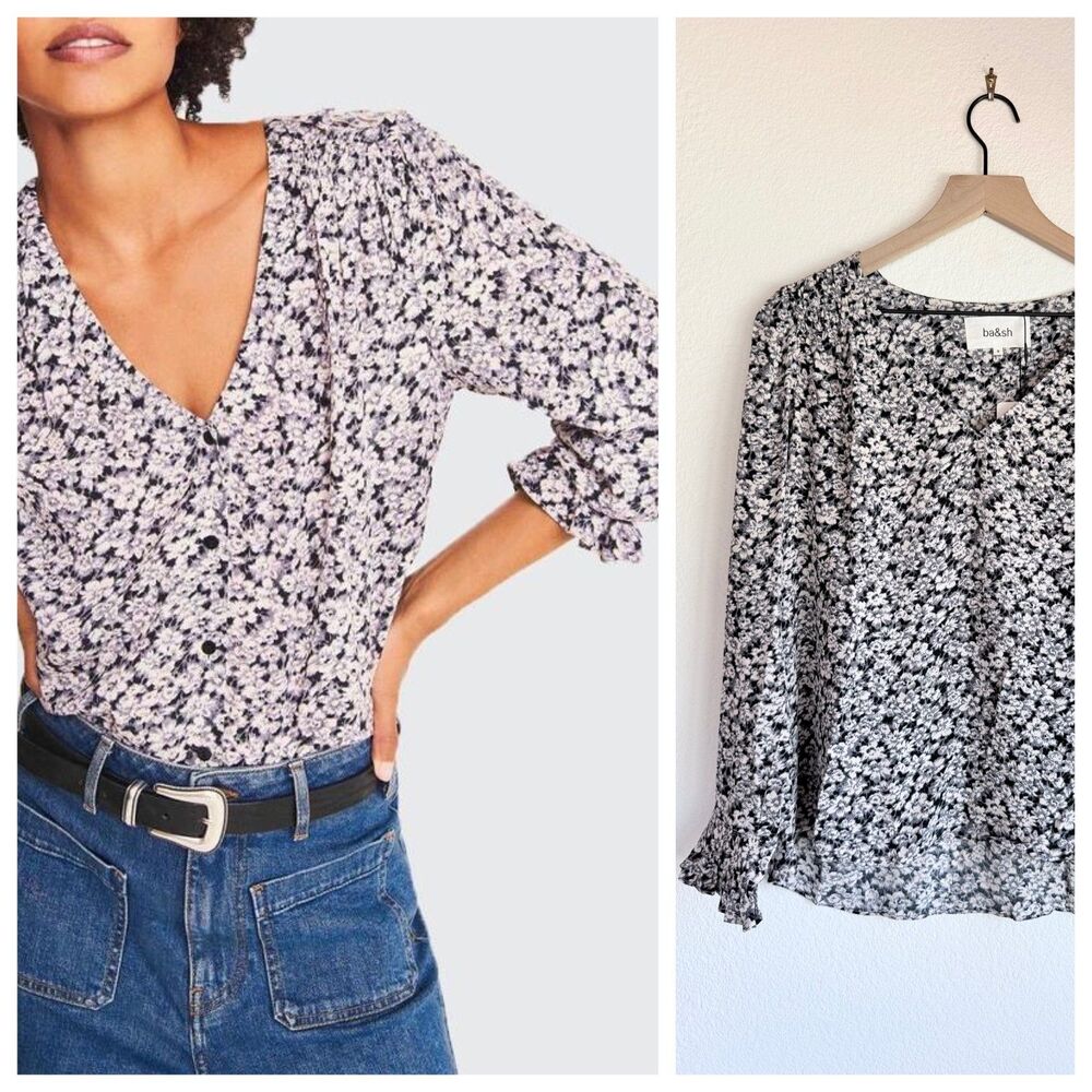 ba&sh Women's Elsa Floral Crepe Blouse Black White Ruffle Cuff NWT Size XS / 0